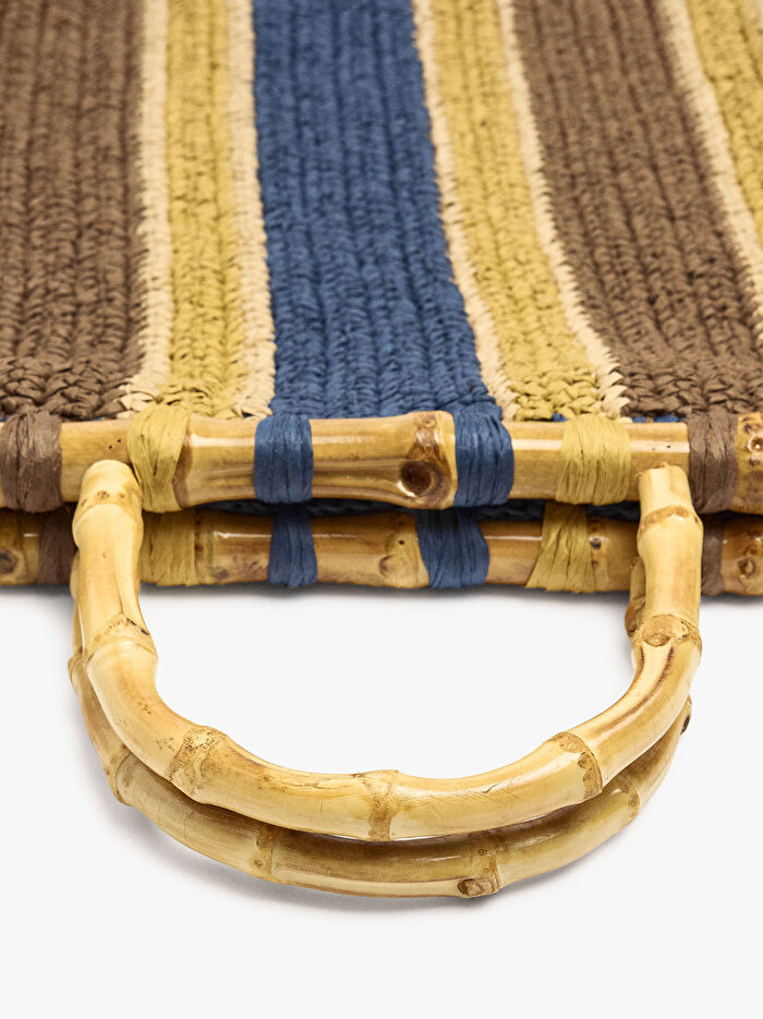 Bambu Detaylı Çizgili Hasır Efektli Shopper Çanta