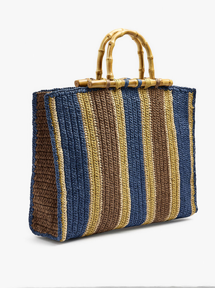 Bambu Detaylı Çizgili Hasır Efektli Shopper Çanta