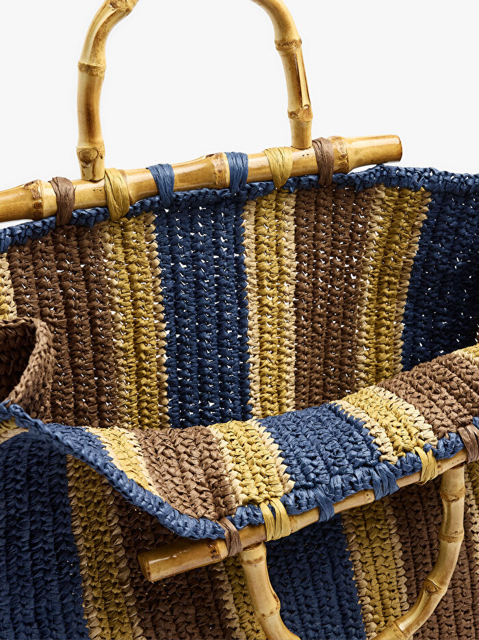 Bambu Detaylı Çizgili Hasır Efektli Shopper Çanta