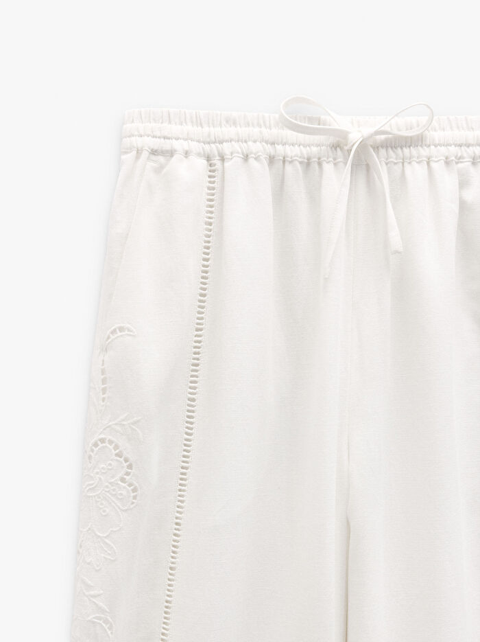 Nakışlı Keten Karışımlı Pantolon