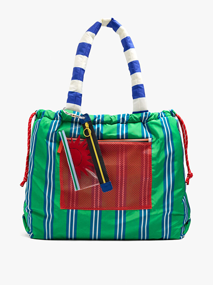 Çizgili Ters Çevirilebilir Teknik Kumaş Shopper Çanta