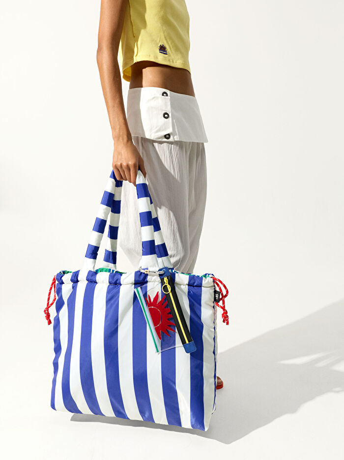 Çizgili Ters Çevirilebilir Teknik Kumaş Shopper Çanta