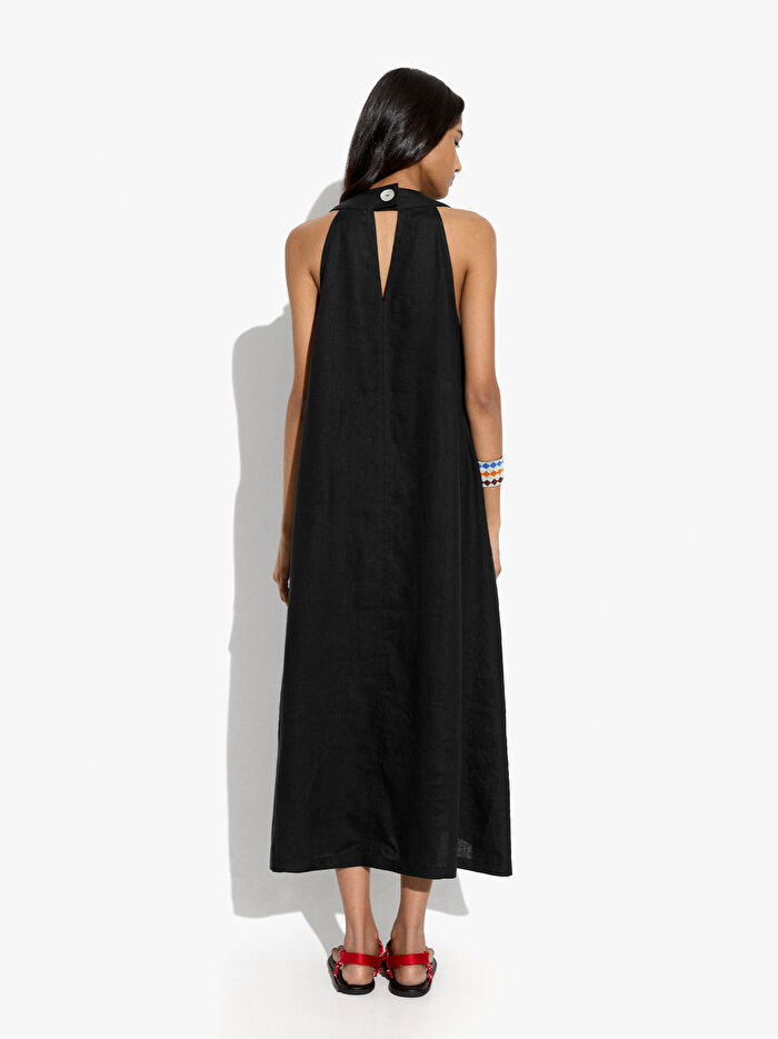 %100 Keten Halter Yaka Elbise