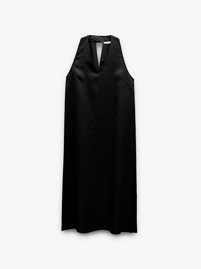 %100 Keten Halter Yaka Elbise