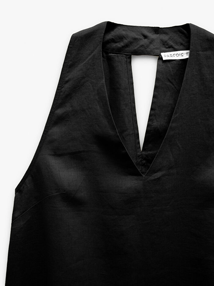 %100 Keten Halter Yaka Elbise