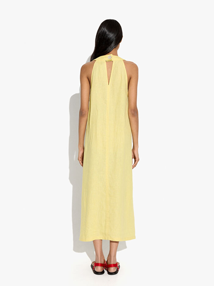 %100 Keten Halter Yaka Elbise