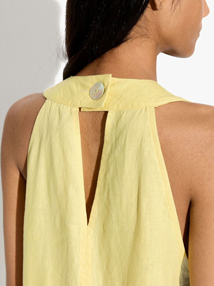 %100 Keten Halter Yaka Elbise