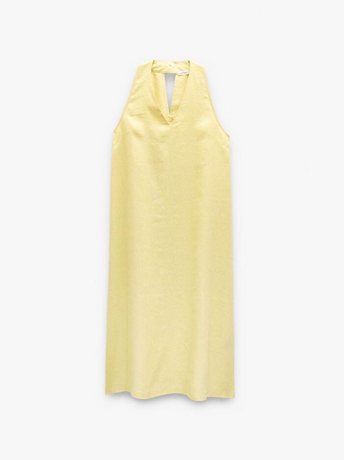 %100 Keten Halter Yaka Elbise