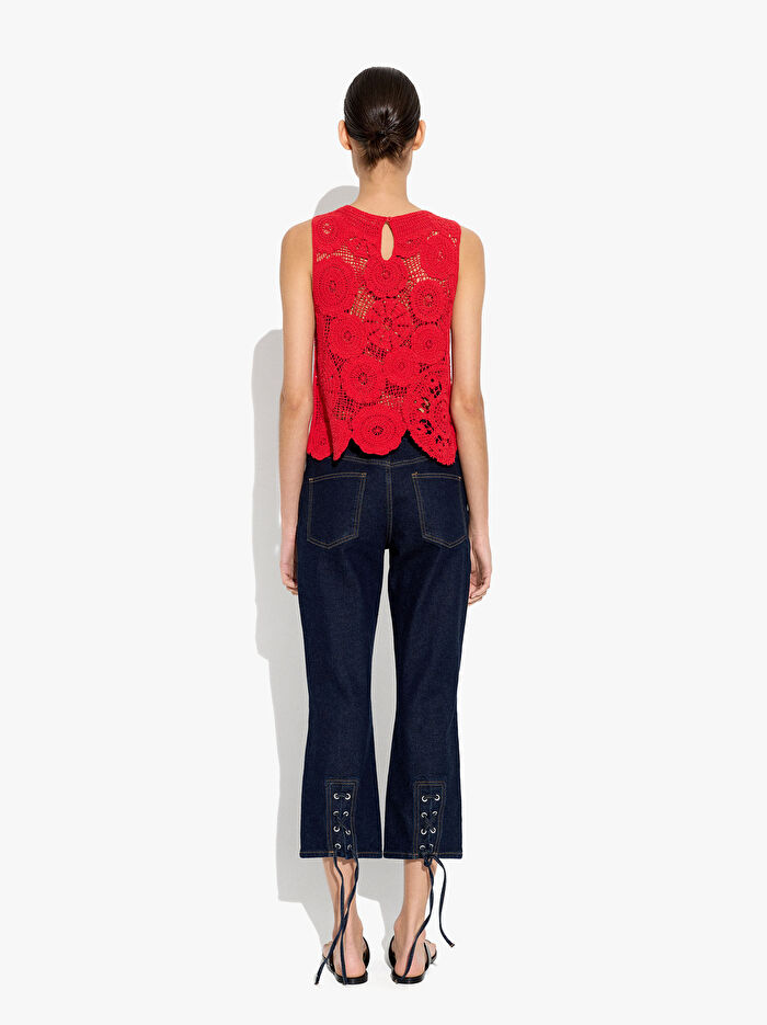 Örme Detaylı Kısa Denim Pantolon