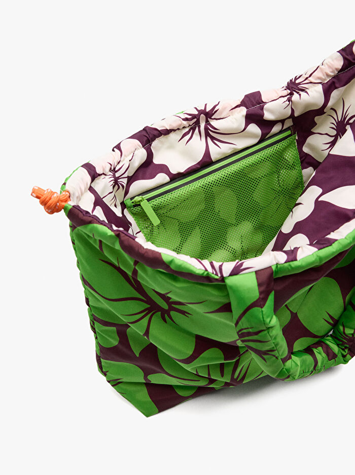 Çiçek Desenli Teknik Kumaş Shopper Çanta